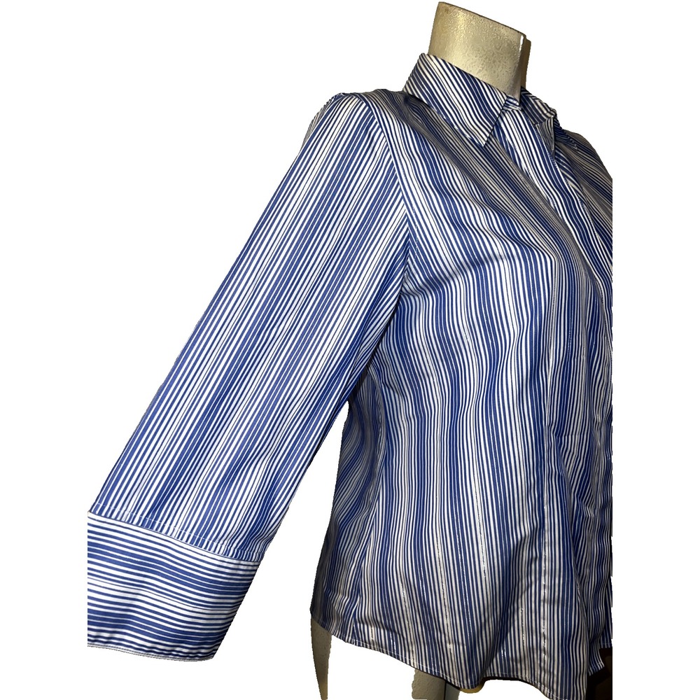 Chicos No Iron Striped Button Down Shirt Blue White Metallic Silver Women Size 1 - Picture 3 of 8